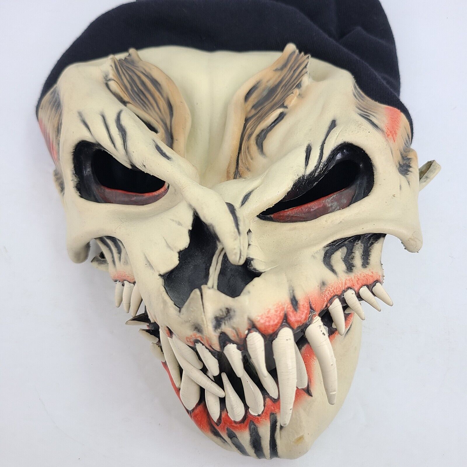 Vintage 80s Halloween Mask Be Something Studio Fang Face B.S.S. Black Hood