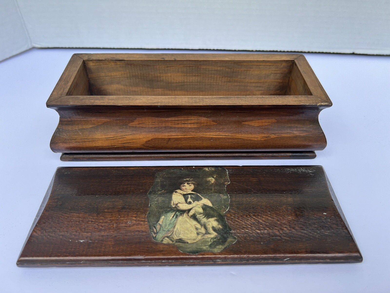 Box Vintage Handcrafted Wood  Decoupage Girl with dog box with lid 9”