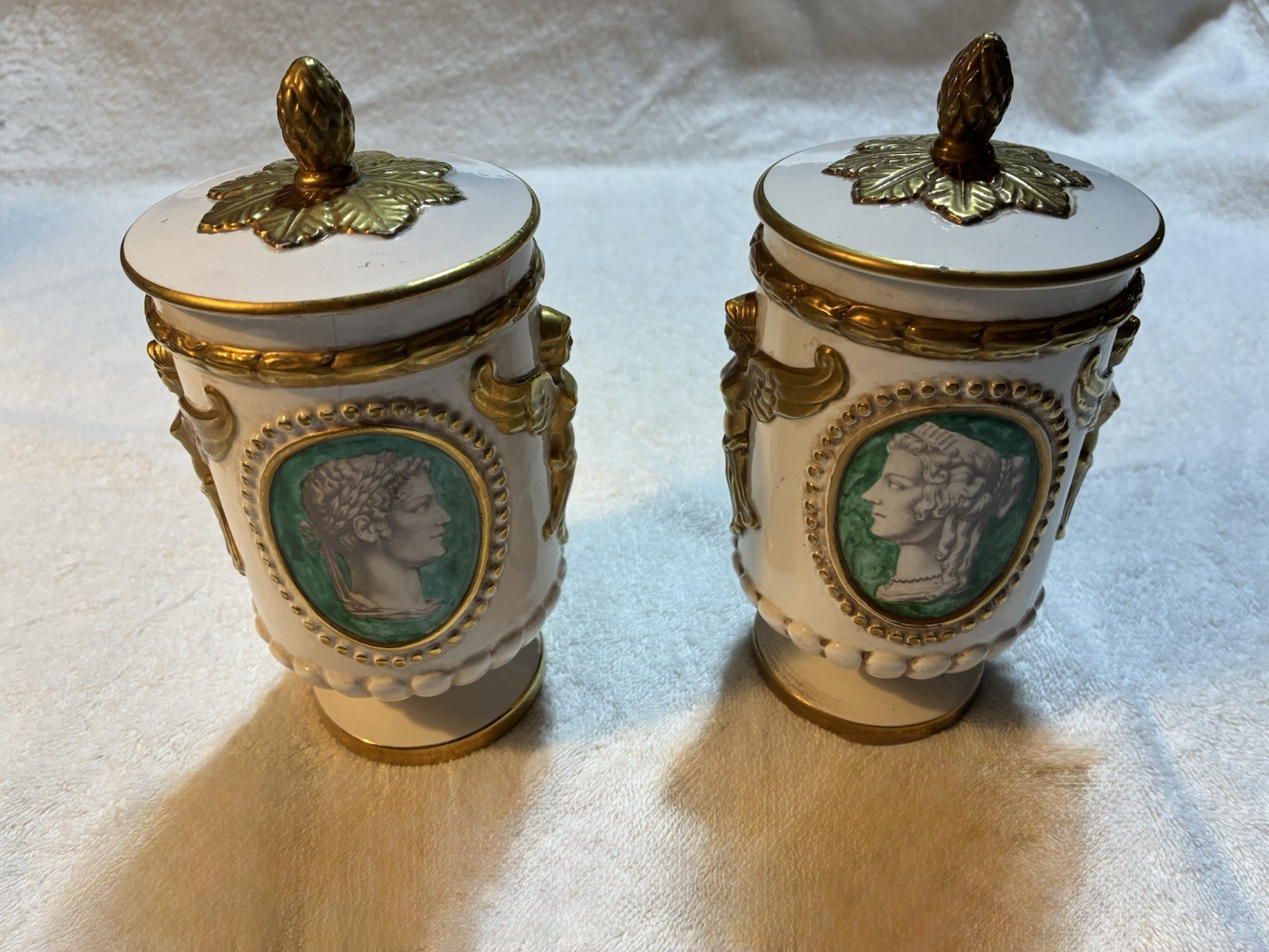 Ugo Zaccagnini Pair Mid-Century Italian Neoclassical Lidded Urns Ugo Zaccagnini Pair Mid-Century Italian Neoclassical Lidded Urns