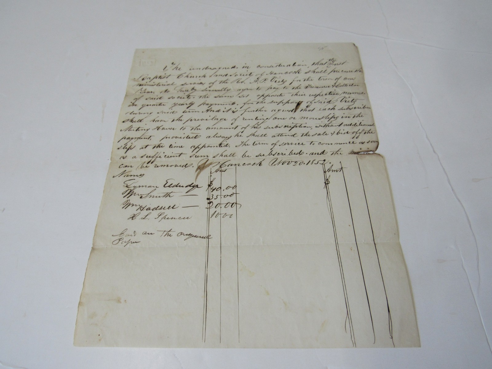1852 Handwritten Manuscript Hancock to Hire a Minister Baptist Church 1852 Handwritten Manuscript Hancock to Hire a Minister Baptist Church