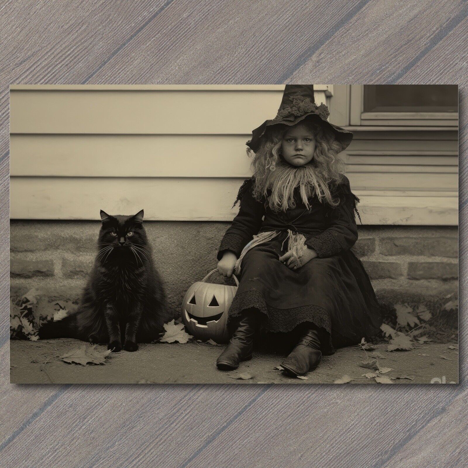 POSTCARD Weird Creepy Vintage Vibe Scary Girl Halloween Pumpkin Cat Unusual