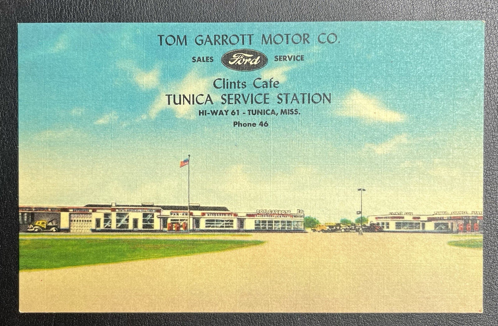 Tom Garrott Motor Clints Cafe Tunica MS Ford Service Station MWM Linen Postcard