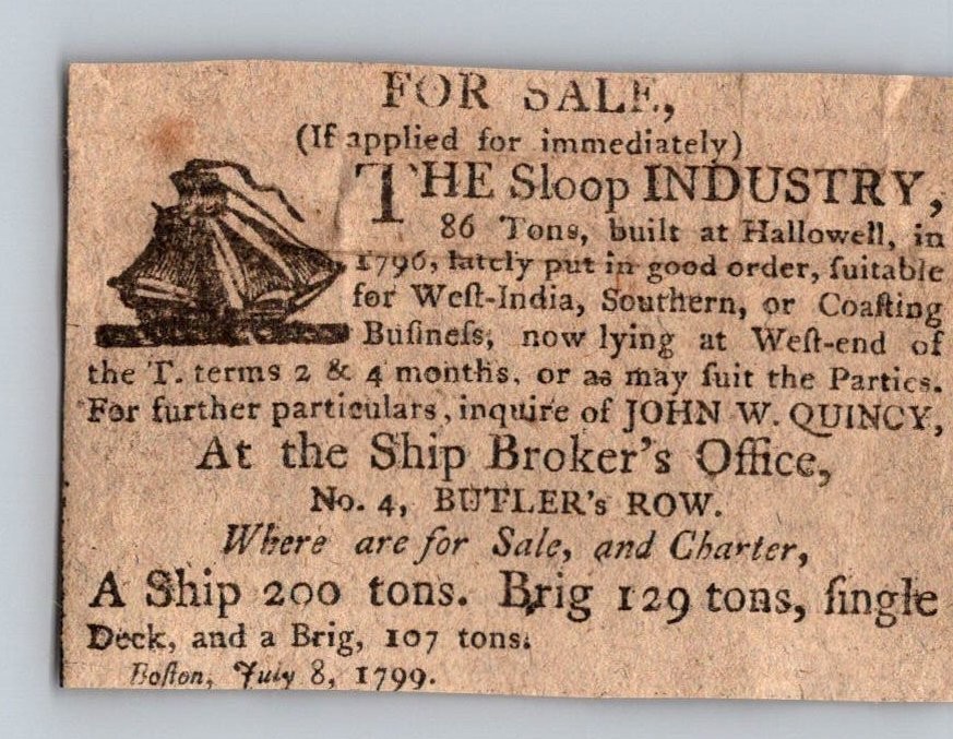 For Sale The Sloop Industry July 1799 John W Quincy Boston 1799 Clipping 5AK9-M7
