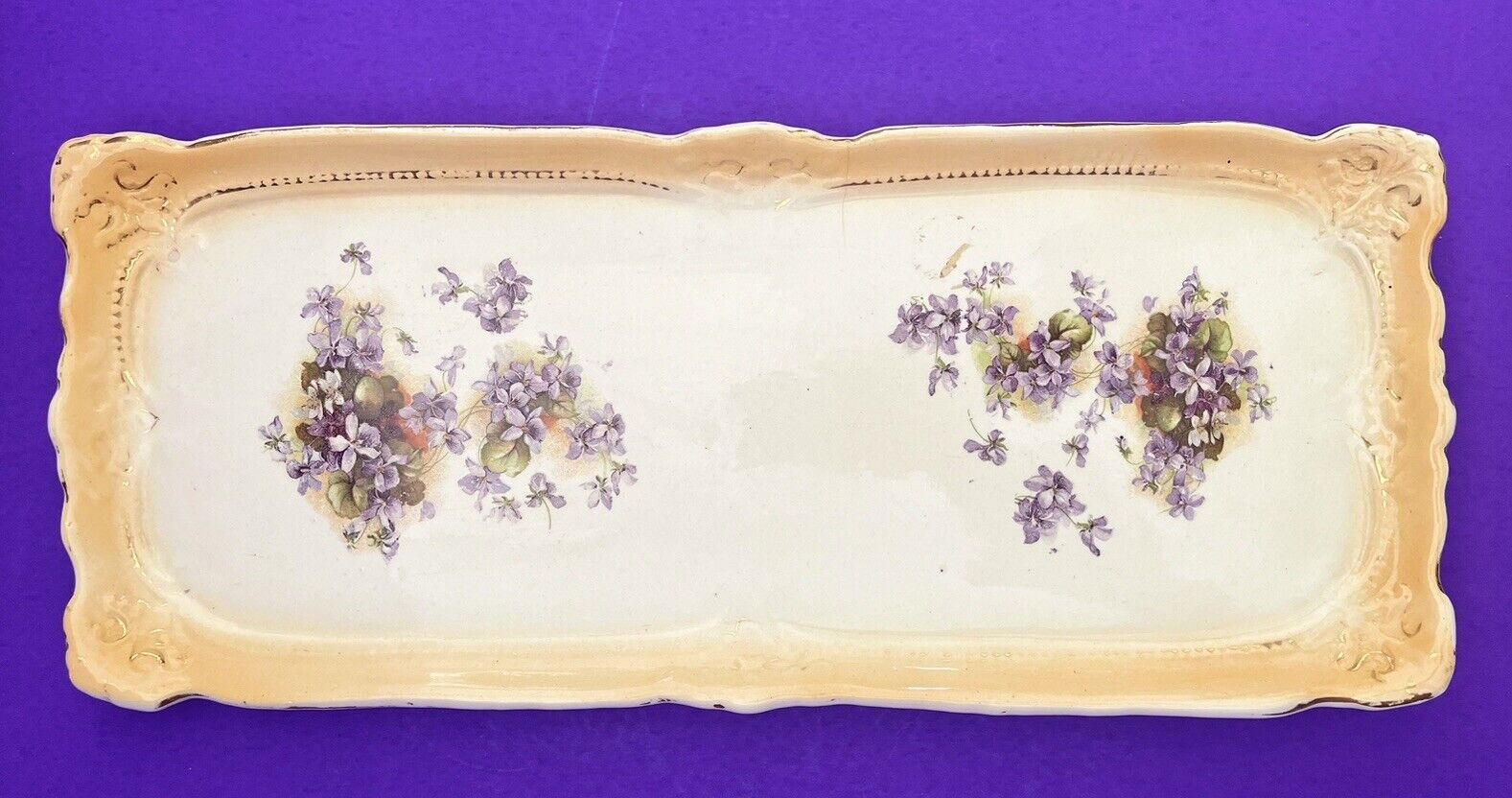 VTG Large Porcelain Vanity Tray w/ Purple Violets and Yellow Trim 18”x7”SALE