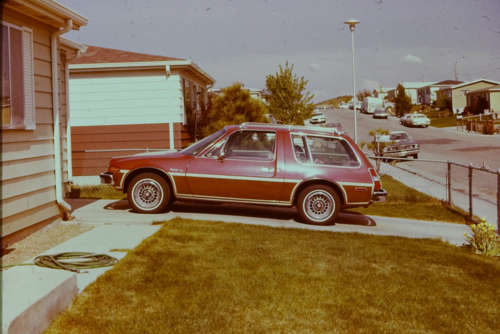 c1970's 35mm Slide, AMC Pacer, Suburban Street, Residential Neighborhood brown