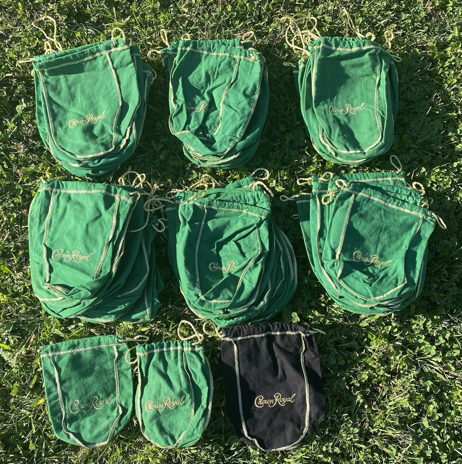 Lot of 57 Crown Royal Green Drawstring Bags 10” Long 1 Black Bag Liquor Carrying
