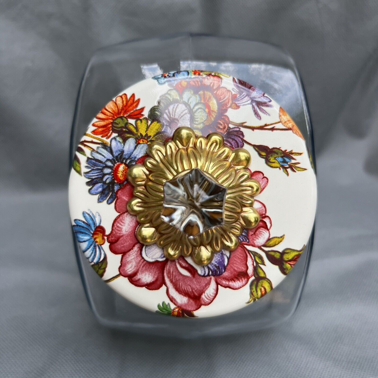 MacKenzie-Childs White Flower Market Cookie Jar Glass Floral Enamel Lid