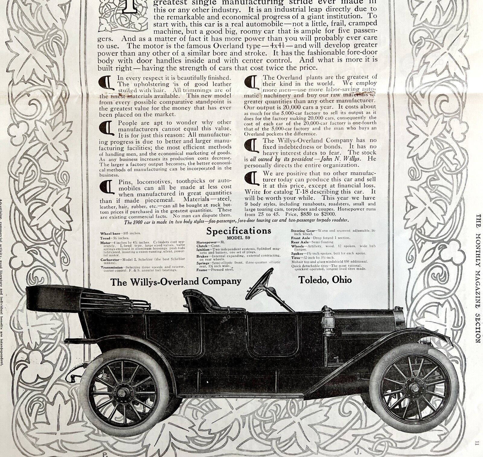 Willys Overland Model 59 1912 Advertisement Automobilia Touring Car DWDD17