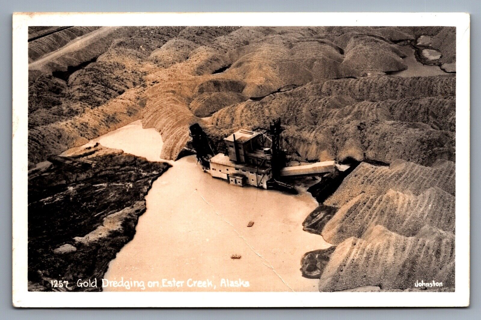 RPPC Gold Dredging On Ester Creek Alaska c1950s UNP Aerial View Deep Pit