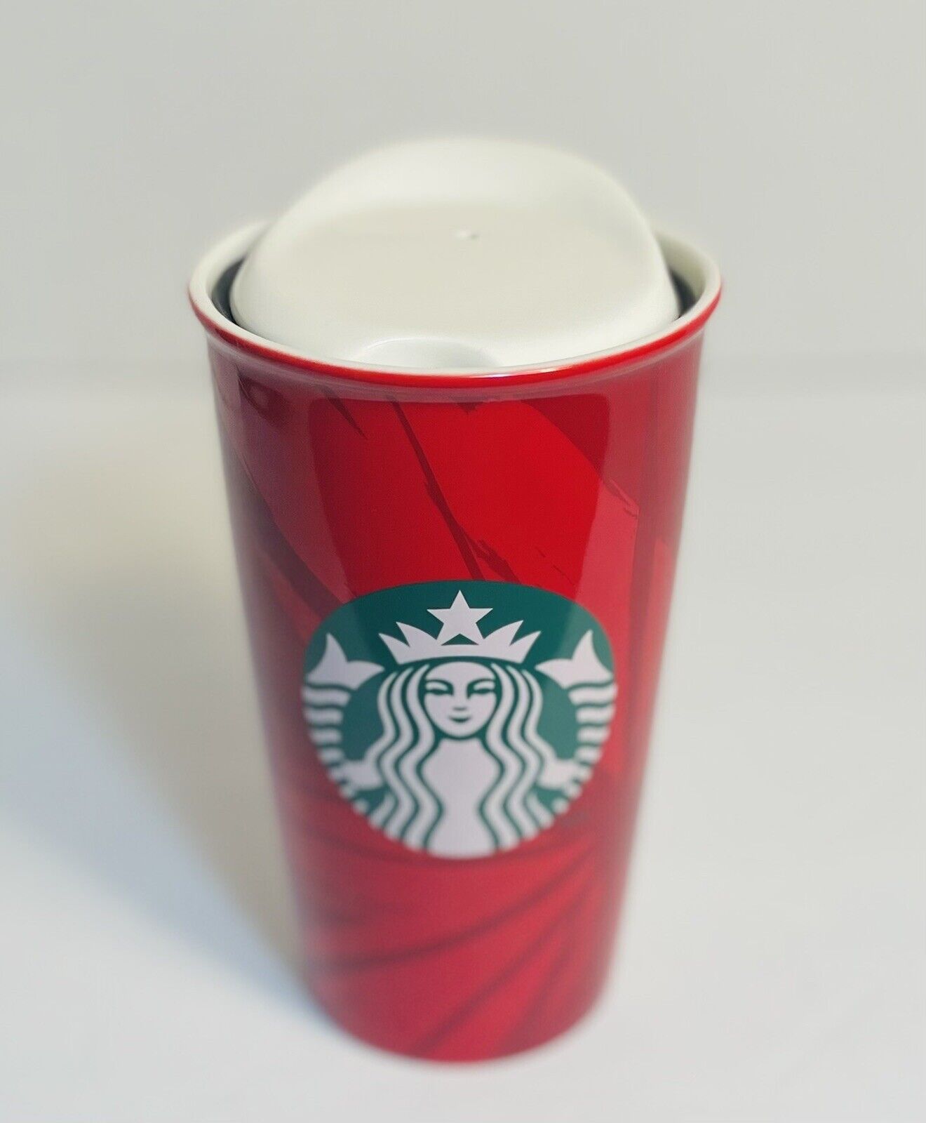 2014 Starbucks Coffee Cup Mug Red 12 oz Ceramic Tumbler Lid Mermaid Logo