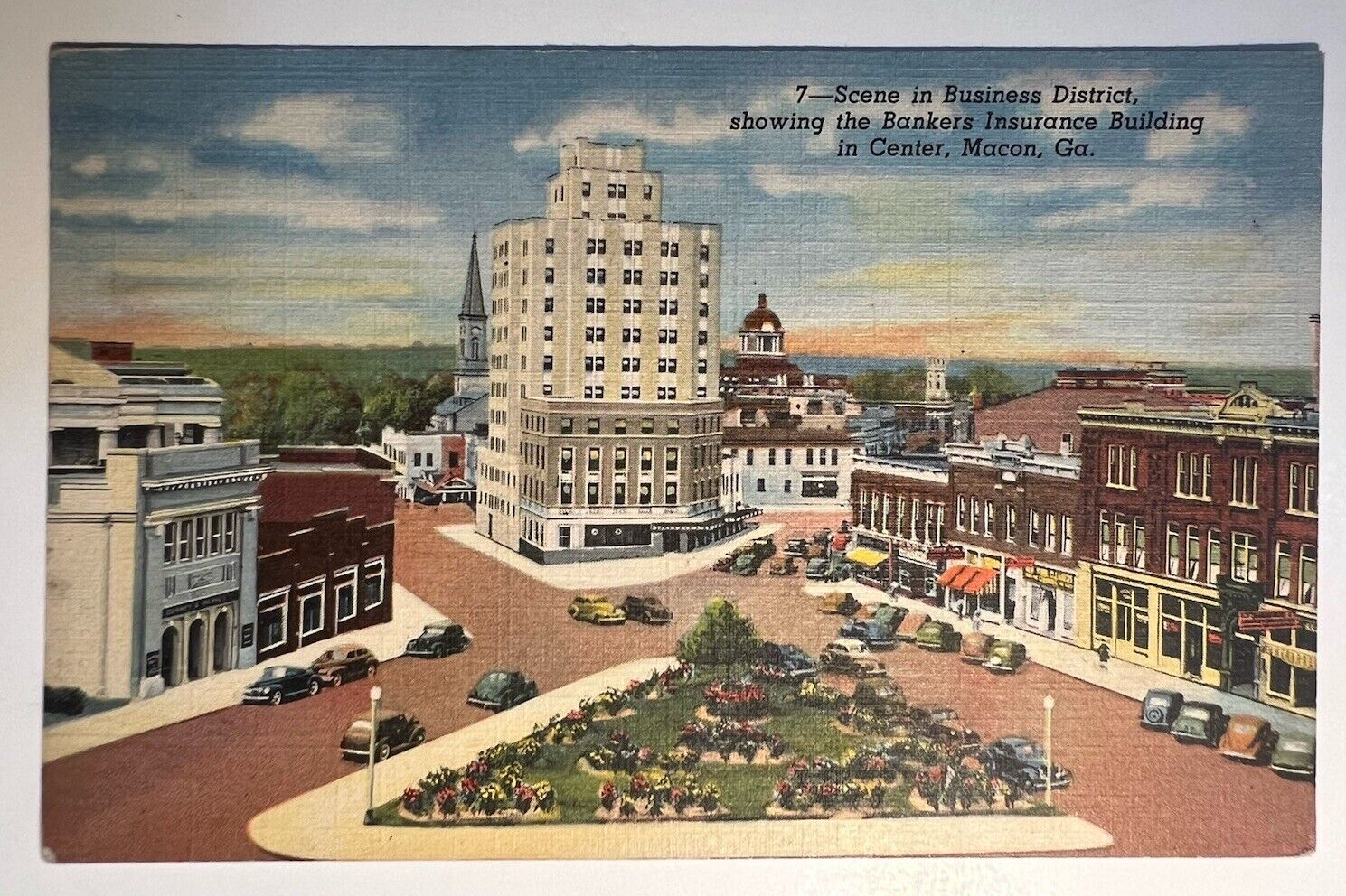 Macon GA, Scene In Business District Bankers Insurance Building Center Postcard