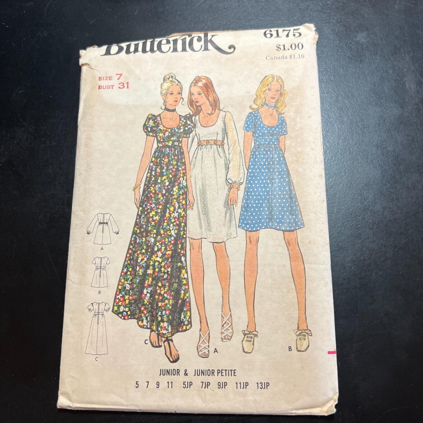 Vintage 70s Butterick 6175 Juniors Empire Waist Dress SZ 7 Complete