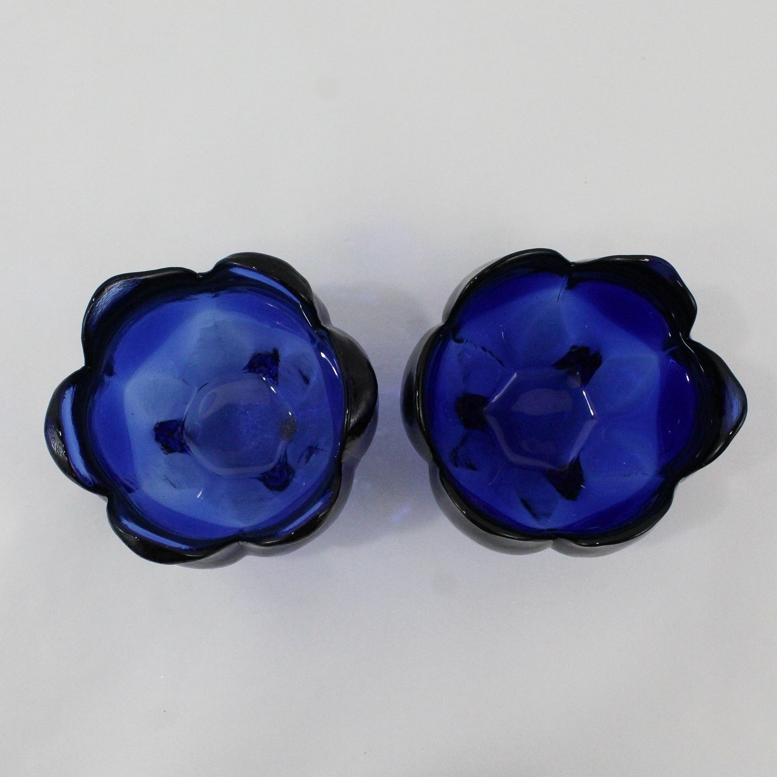 2 Vintage Cobalt Blue Art Glass Tulip Footed Votive Candle Holders