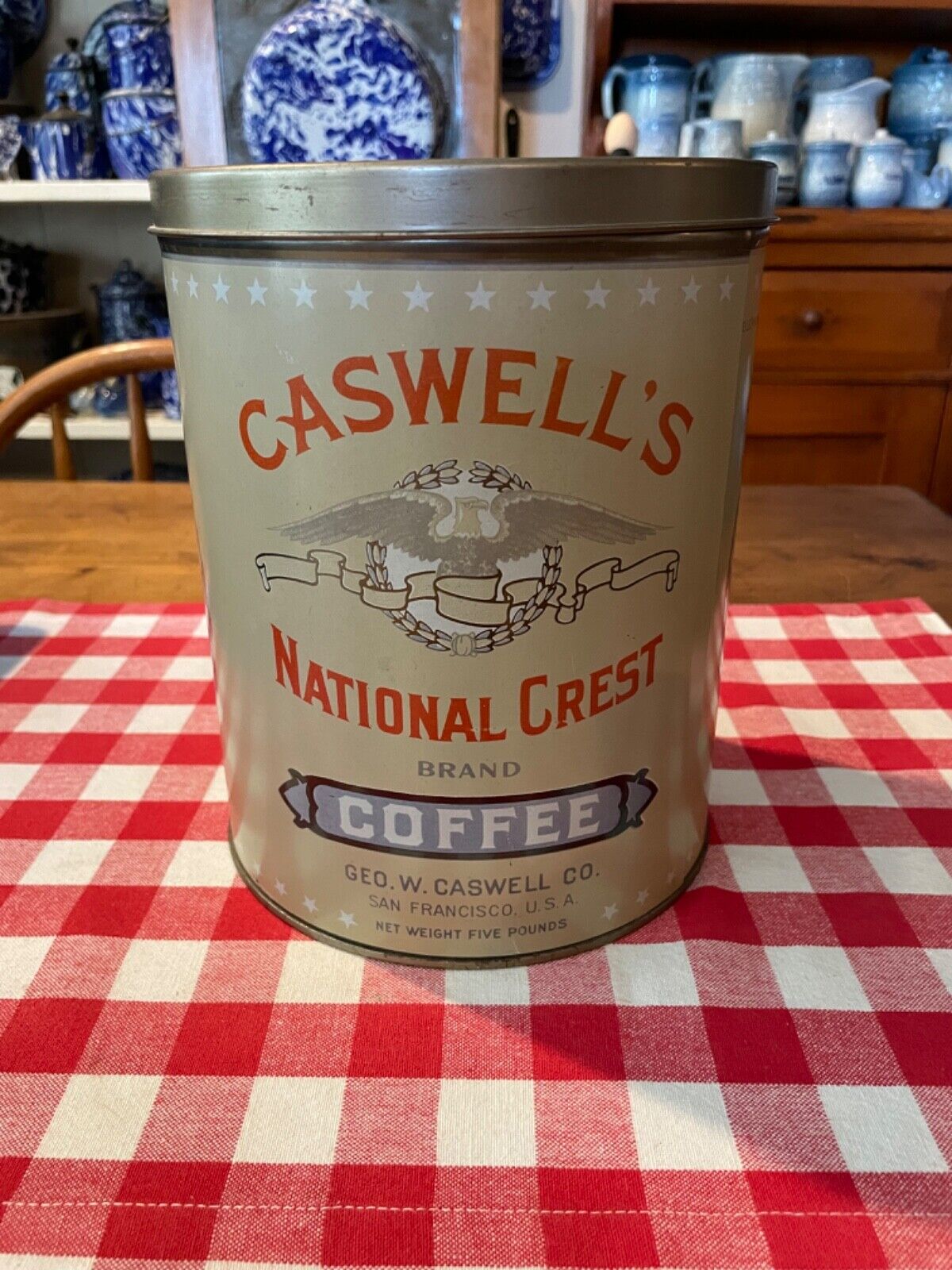 Antique CASWELL\'s National Crest Coffee Tin (5 lbs)