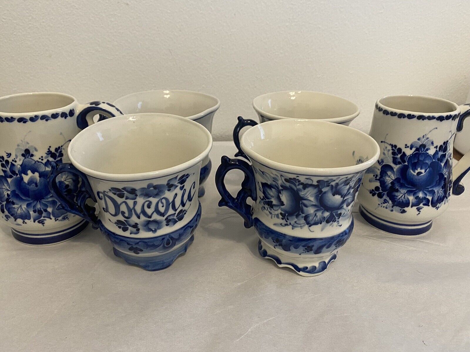 Gorgeous Set of 6 Russian Gzhell Handmade, Handpainted Cups/Mugs