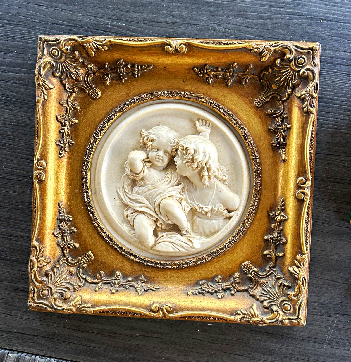 Antique Gold Metal Square Cherub Relief Wall Plaque Hanging, Gold/White Antique Gold Metal Square Cherub Relief Wall Plaque Hanging, Gold/White