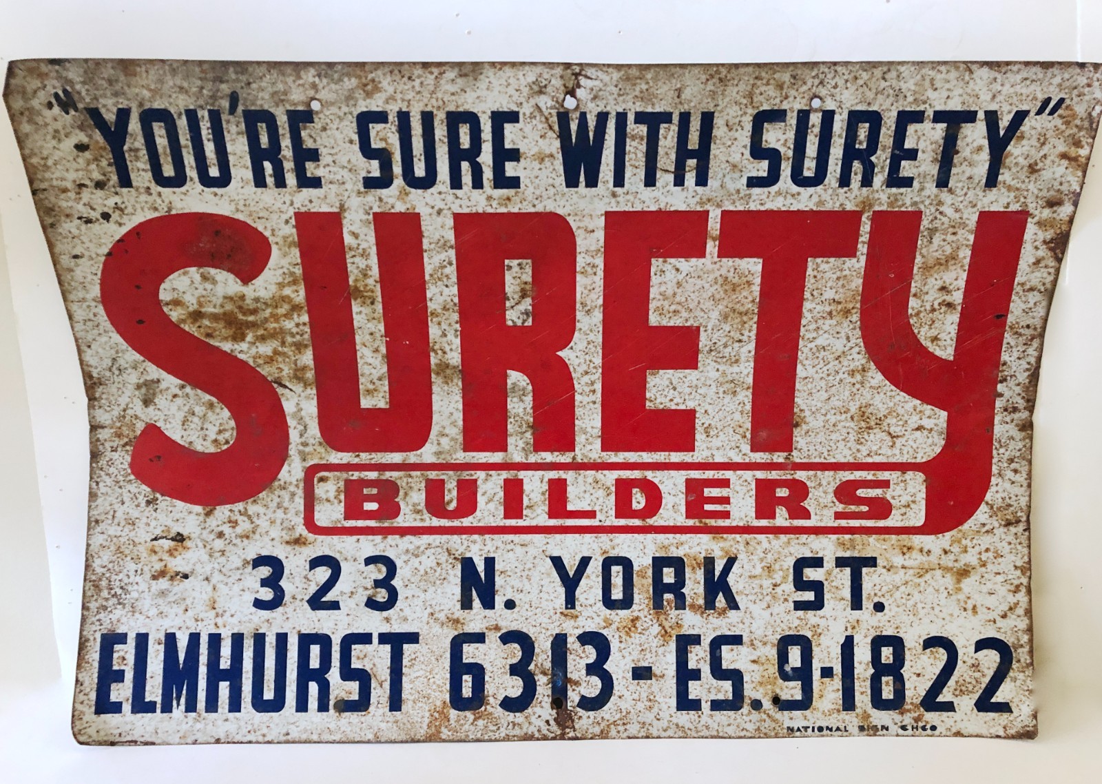 Vintage 1940's-50's Surety Builders Metal Advertising Sign Elmhurst IL