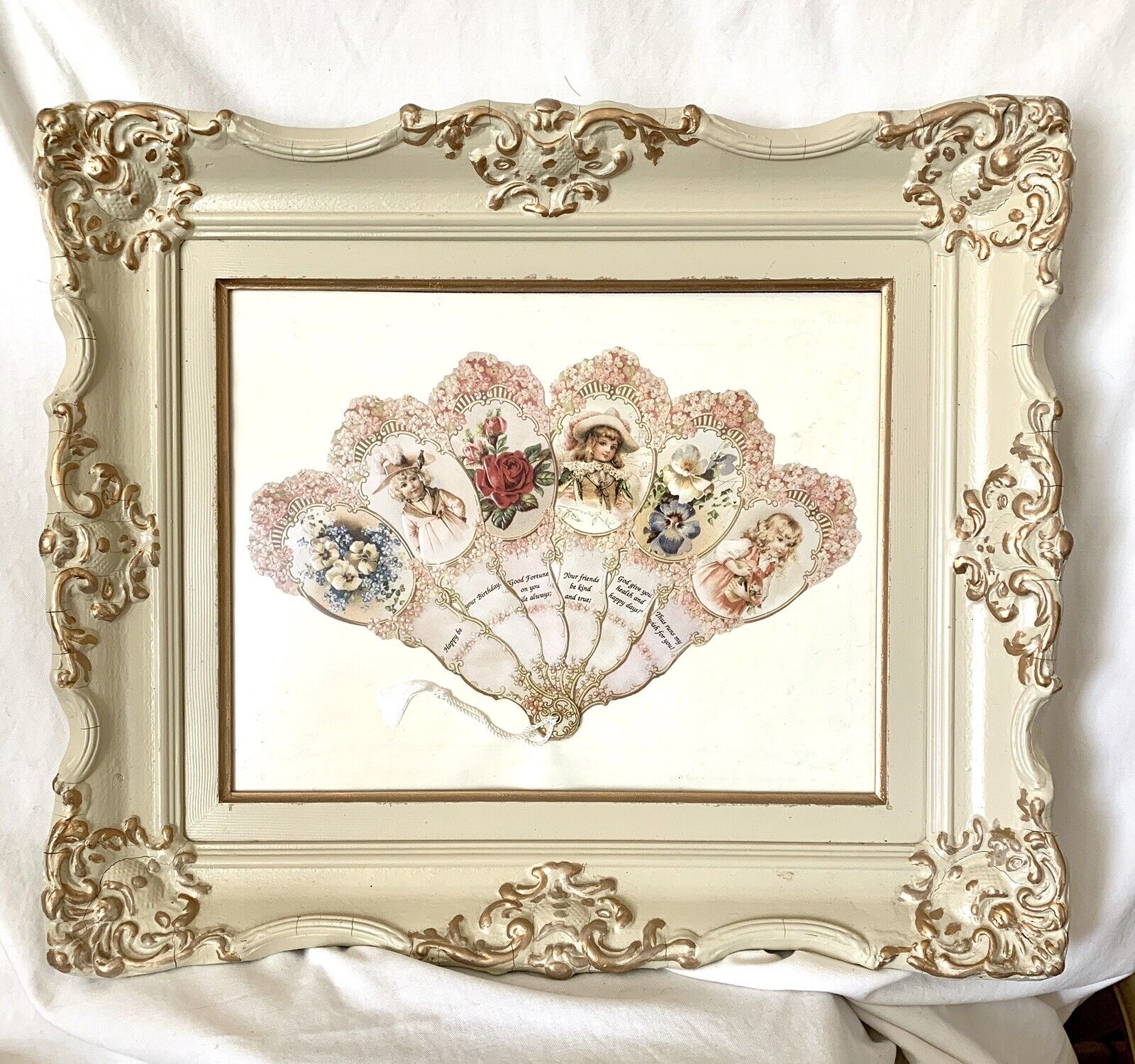 Victorian Birthday Paper Fan Greeting Card Framed Non Glare Glass  20” x 17”