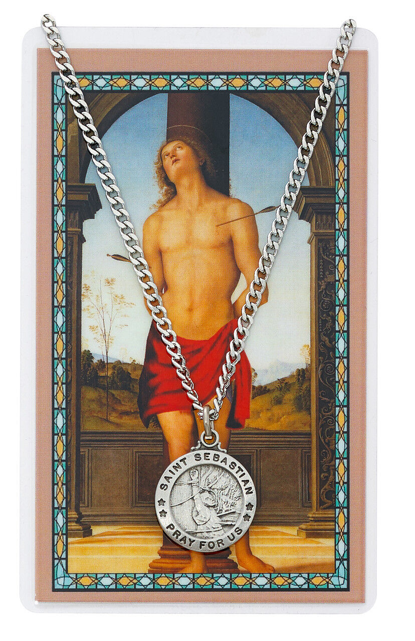Saint Sebastian Pewter Medal Pendent 24 Inch Silvertone Chain Prayer Card Set