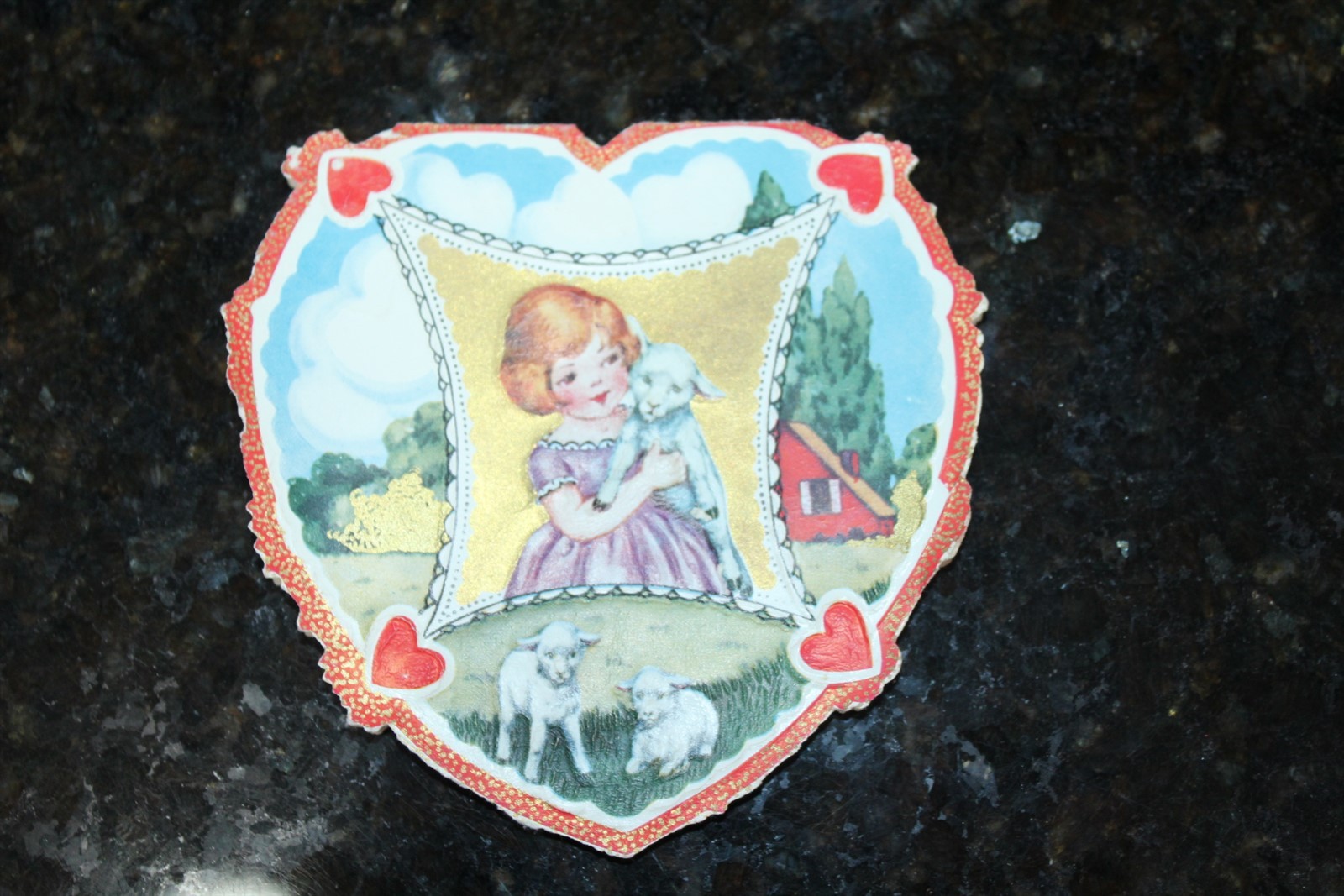 Vintage Greeting Card Valentines Embossed Die Cut Heart Shaped Foil Print