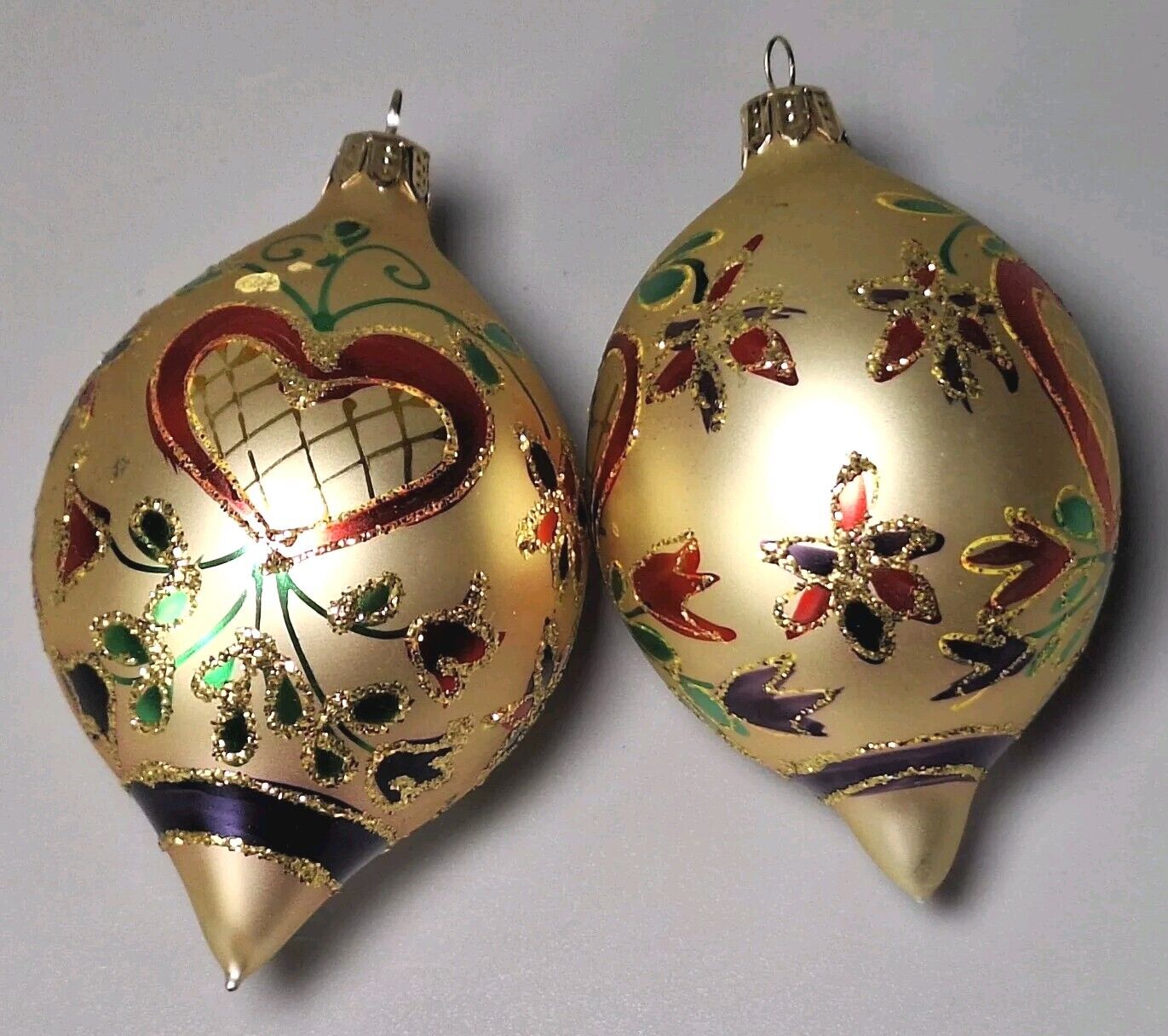 2 Vintage Hand Painted Hearts Blown Glass Teardrop Christmas Ornaments 4.5\