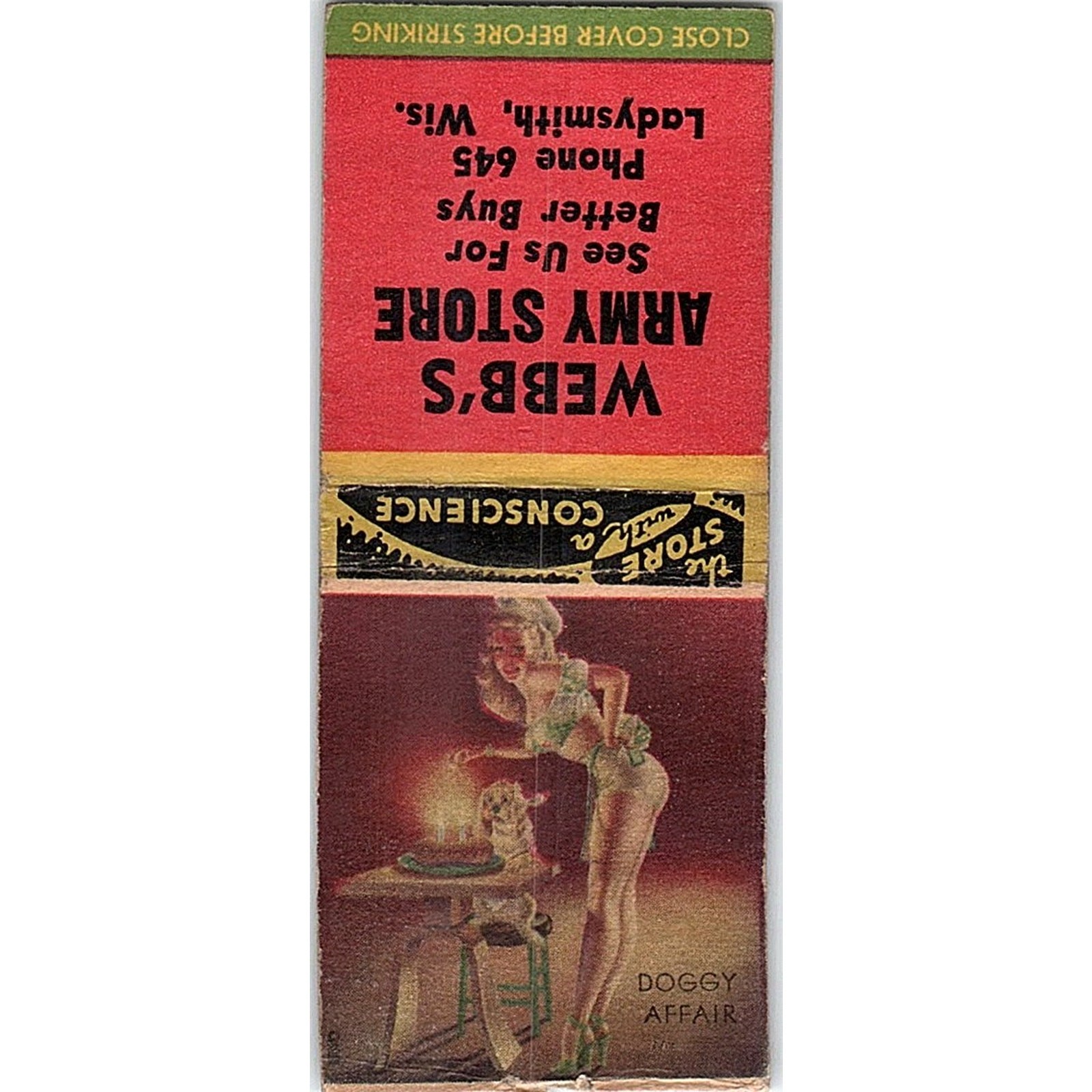 Webb's Army Store Ladysmith WI Pinup Vintage Matchbook Cover MB61-3 Webb's Army Store Ladysmith WI Pinup Vintage Matchbook Cover MB61-3