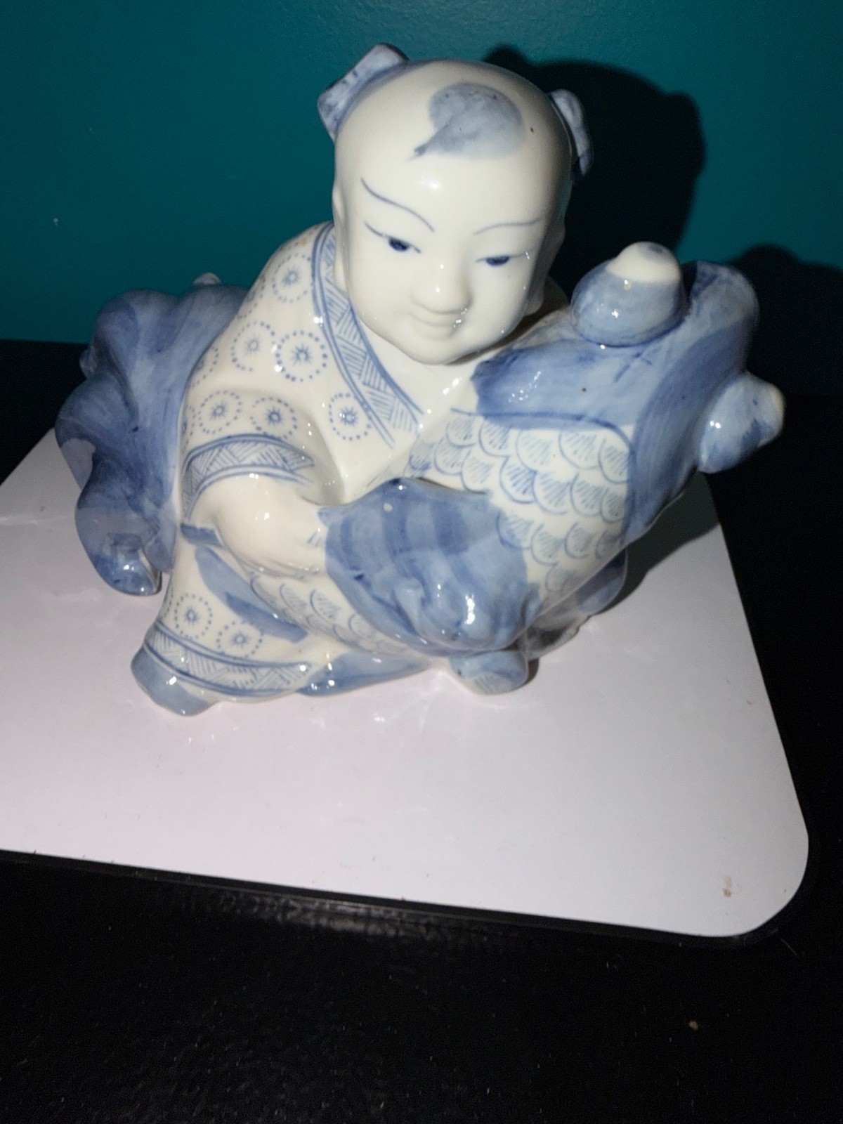 Vintage Blue Asian Chinese Boy Koi Fish Ceramic Porcelain Statue 