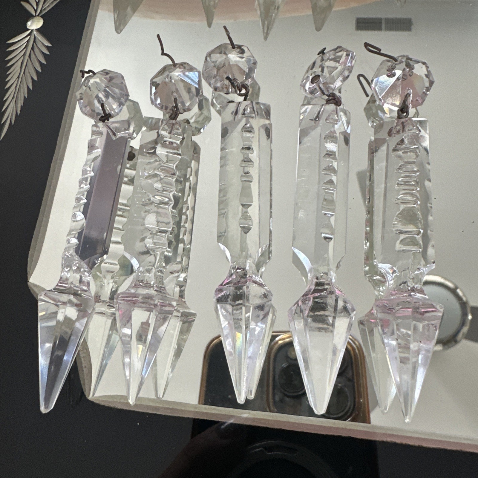 5 Antique Notched Vintage Lamp Lusters 3 3/4” Crystal Spear Prisms Replacement 5 Antique Notched Vintage Lamp Lusters 3 3/4” Crystal Spear Prisms Replacement