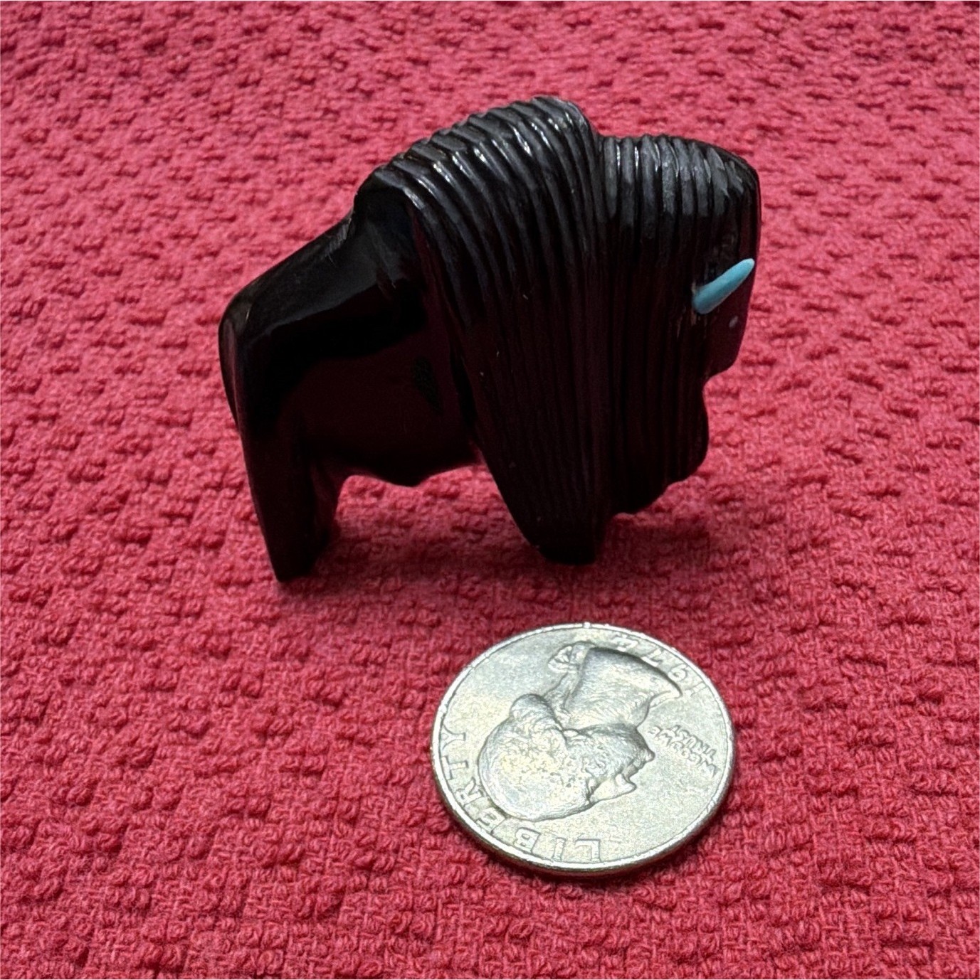 Black Stone Buffalo/Bison Carving Figurine w/ Turquoise Horn & Eye Inlay Black Stone Buffalo/Bison Carving Figurine w/ Turquoise Horn & Eye Inlay
