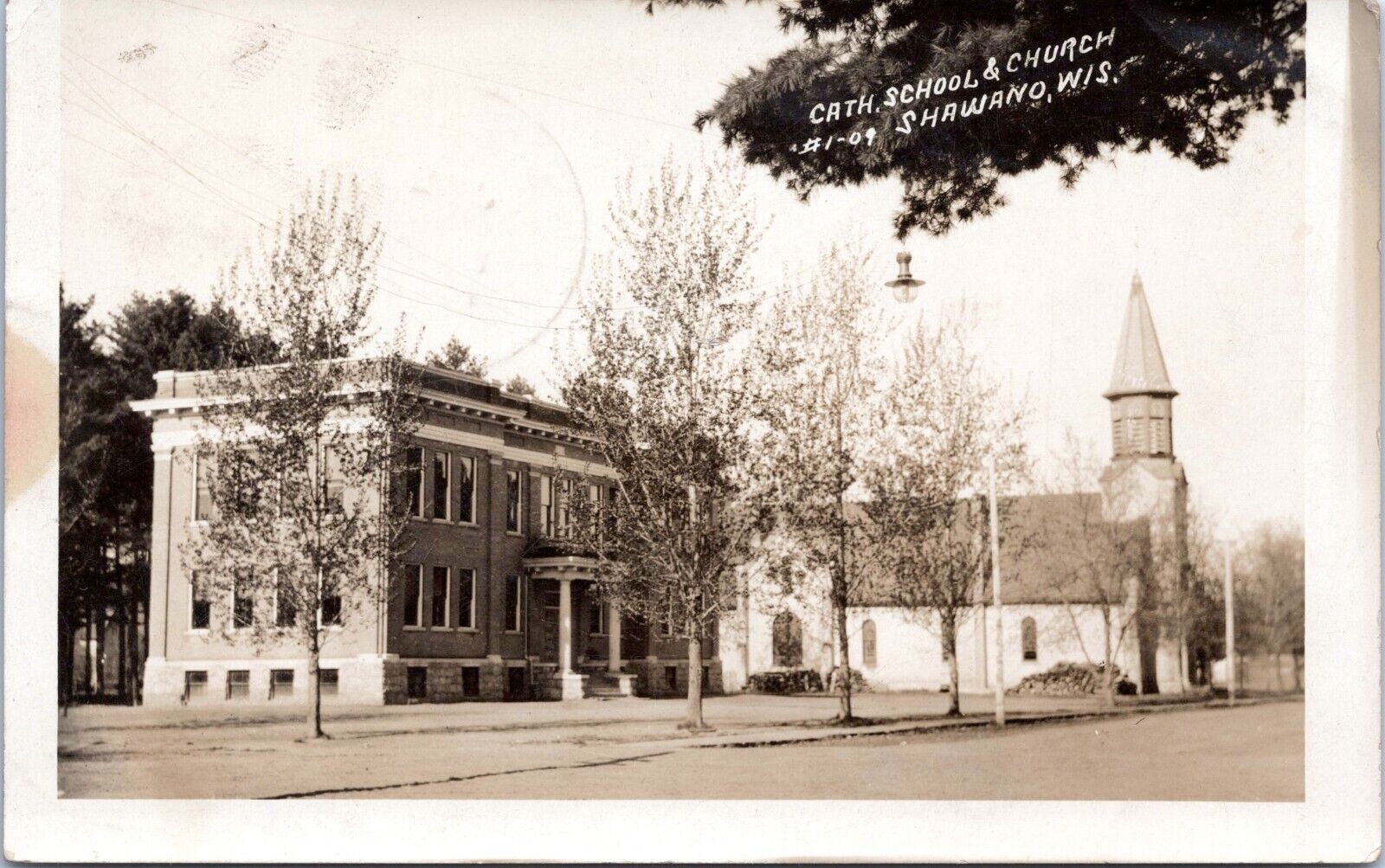 RPPC - Sacred Heart Catholic School, Church, Shawano, Wisconsin - 1909 Postcard