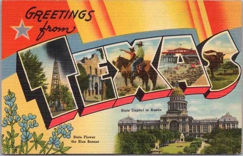 c1940s TEXAS Large Letter Postcard w/ State Capitol & Bluebonnet Flower / Linen