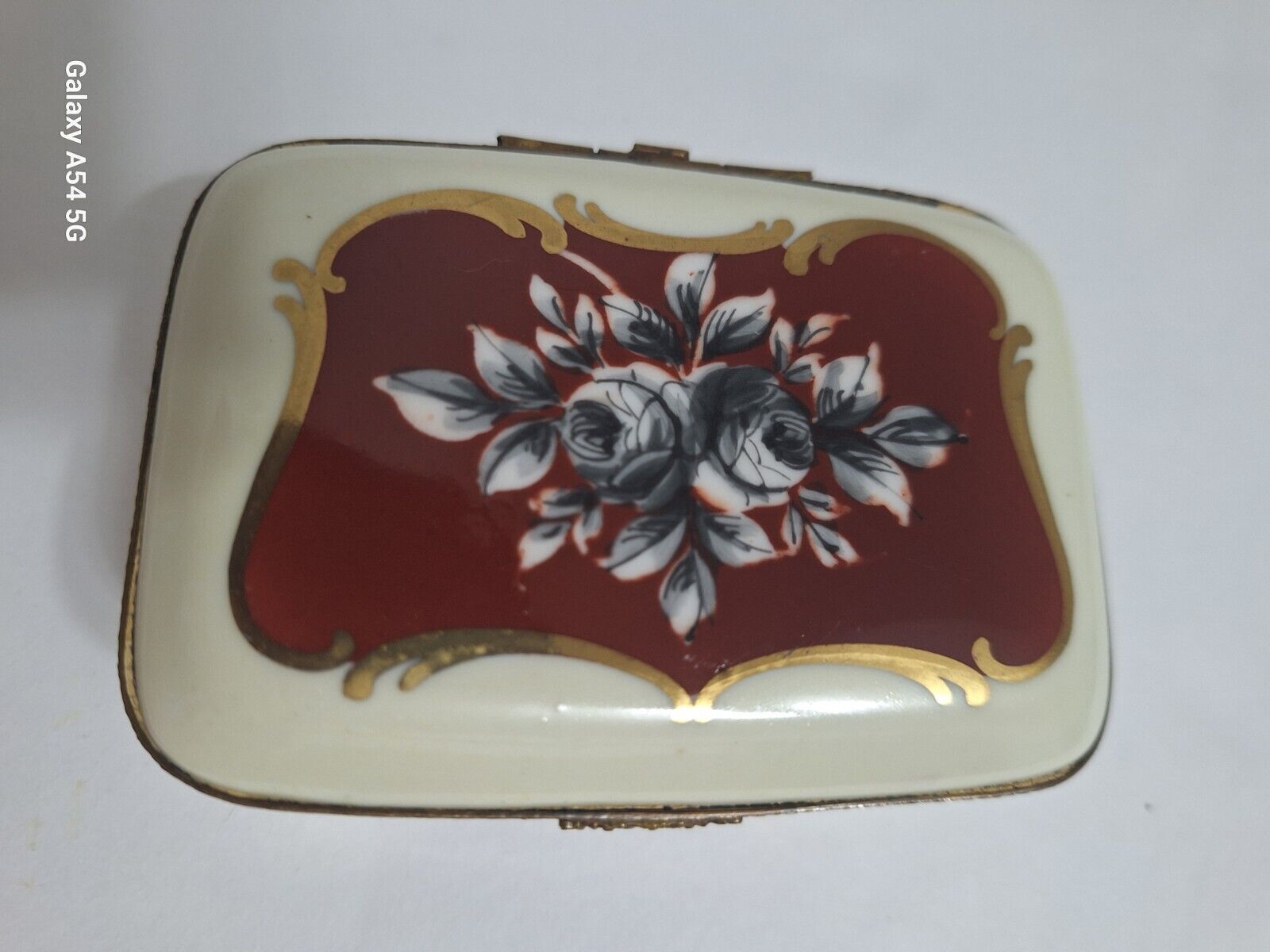Vintage Limoges Porcelain Trinket Box Hinged Hand Painted France Ivory Red Gray