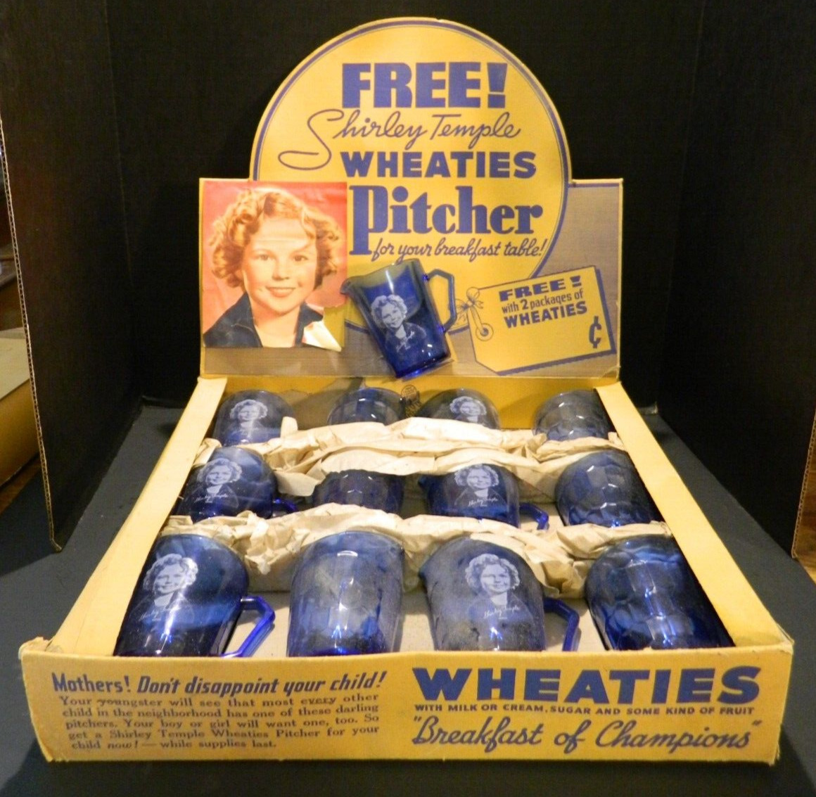 Antique Wheaties Shirley Temple Free Pitcher Store Display w/ 13 Pitchers (1935)