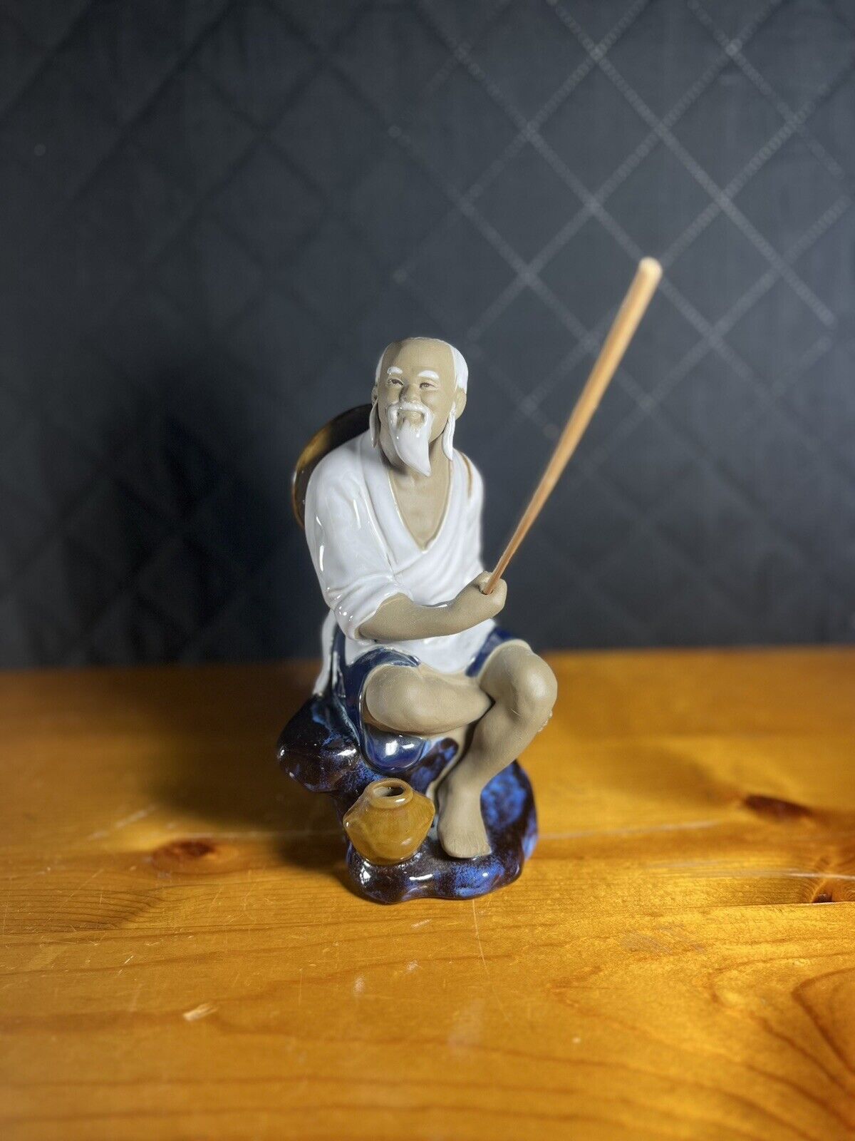 Vintage Shiwan Ceramic Glazed Art Pottery Chinese Mudman Fishing Figurine