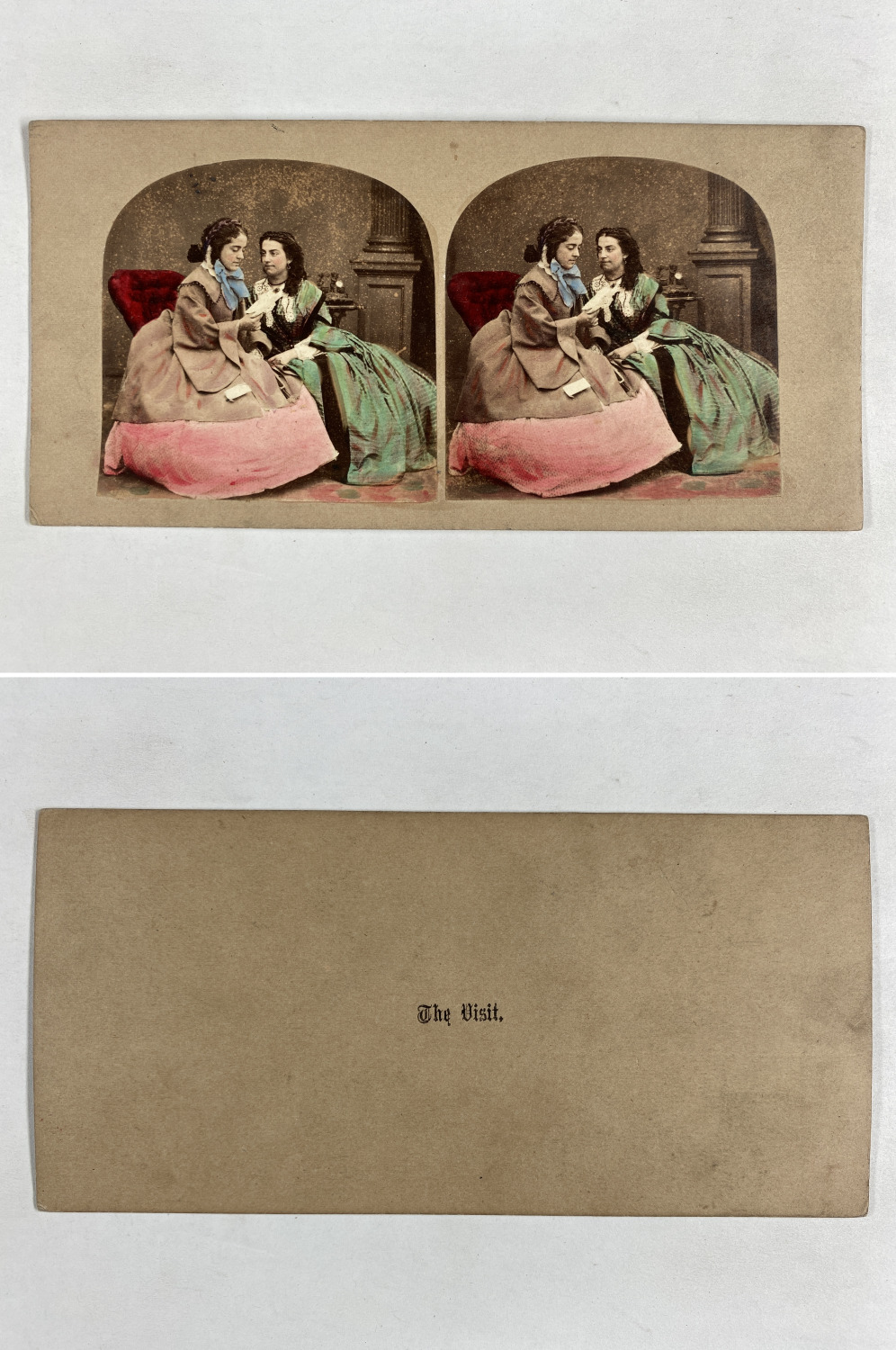 Two Friends Visiting, Vintage Albumen Print, ca.1860, Stereo Print Vintage Aqua