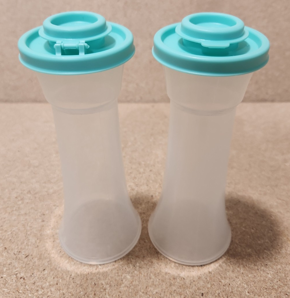 Tupperware Large Hourglass Classic Salt and Pepper Shakers Mint Green lids NEW Tupperware Large Hourglass Classic Salt and Pepper Shakers Mint Green lids NEW