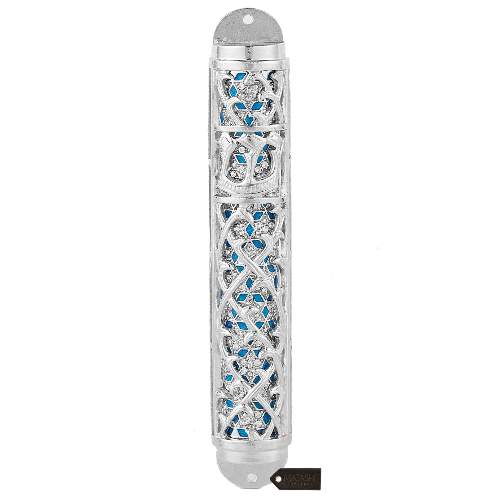 Matashi Hand Painted Enamel 7'' Mezuzah with Hebrew Shin and Crystals