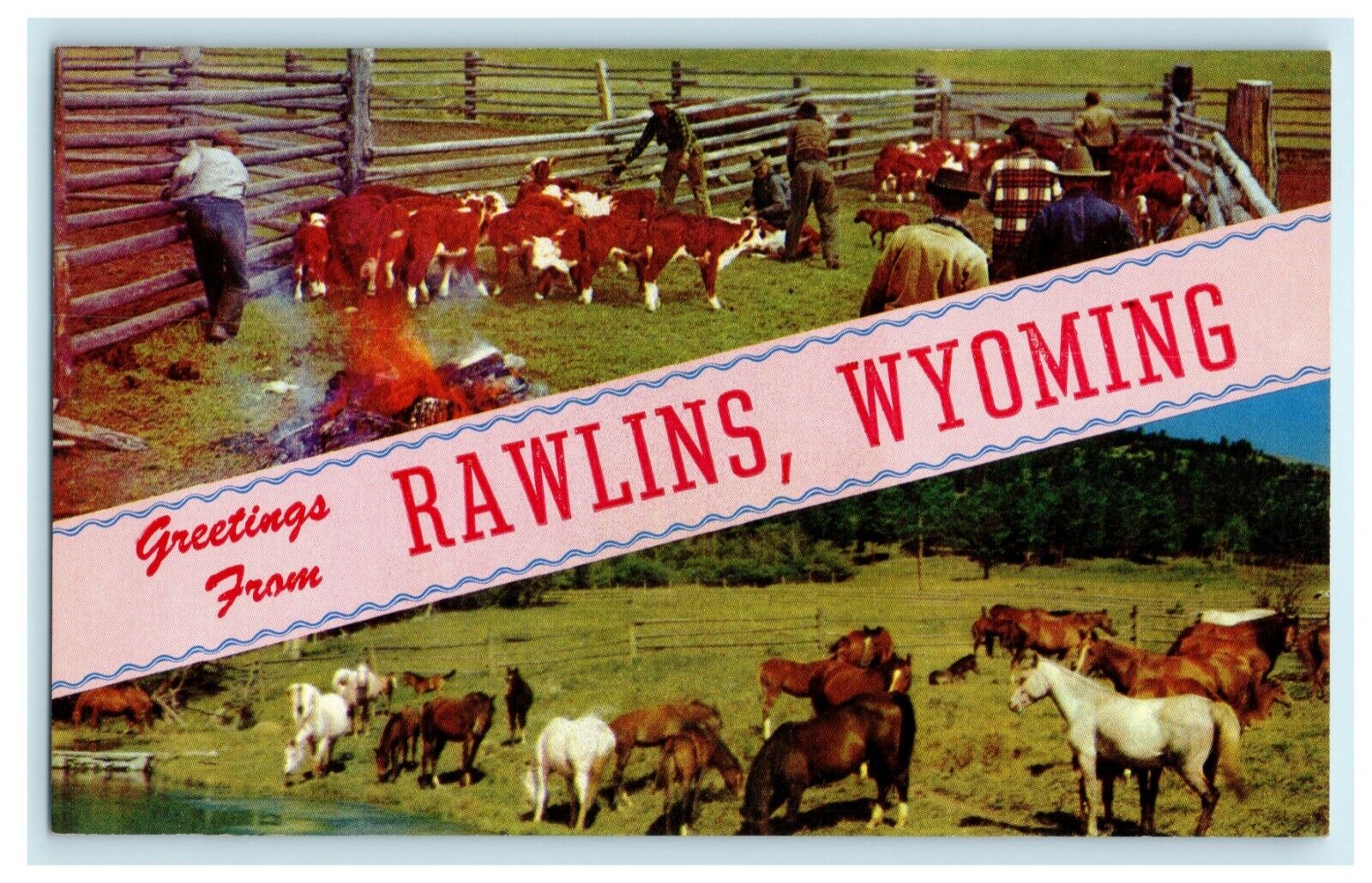 c1960's Greetings From Rawlins Wyoming WY Cowboys Unposted Vintage Postcard