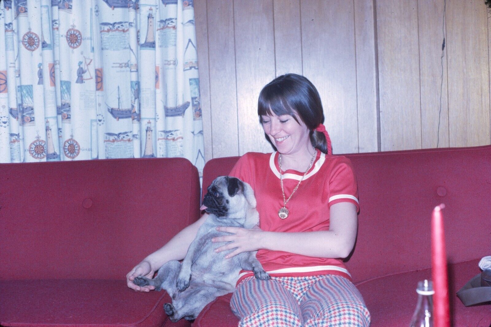 1972 Young Woman Holding Pug Dog on Couch Vintage 35mm Slide