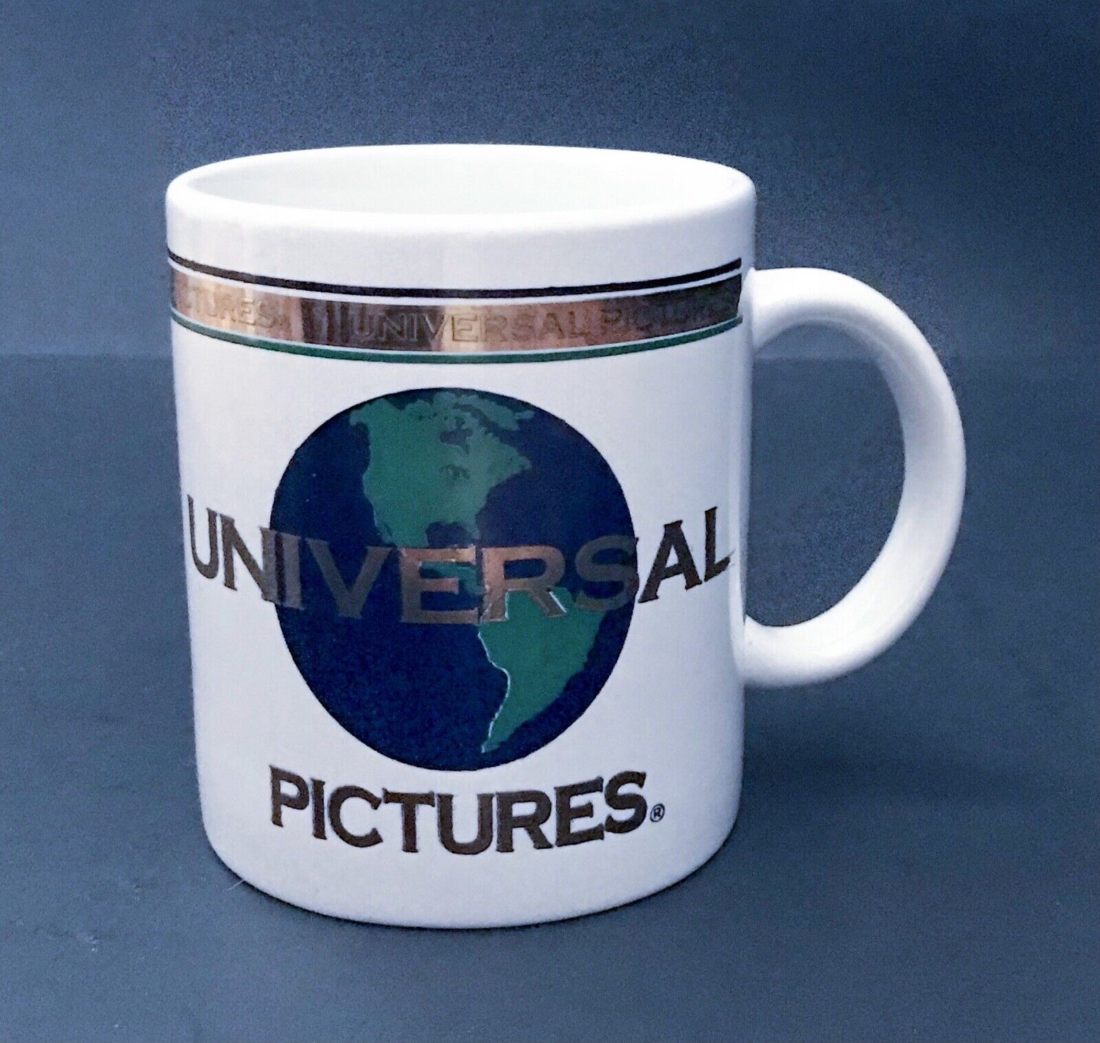 Vintage Universal Pictures White Mug Coffee Cup Golden Letters Earth Image 