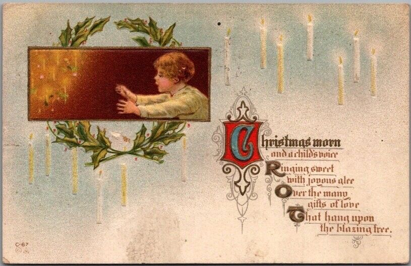 Vintage 1913 CHRISTMAS Embossed Greetings Postcard - Boy / Candles on Xmas Tree