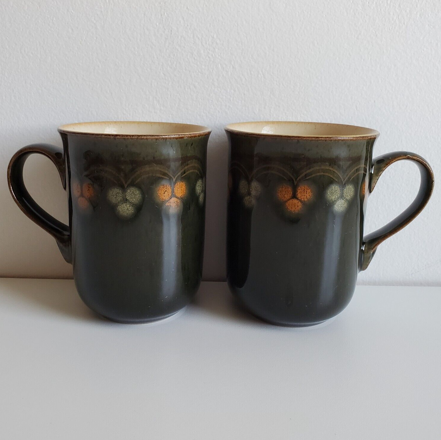 Denby Langley Oberon Coffee Mug Earthenware Green Brown Orange Dots Lot Set 2