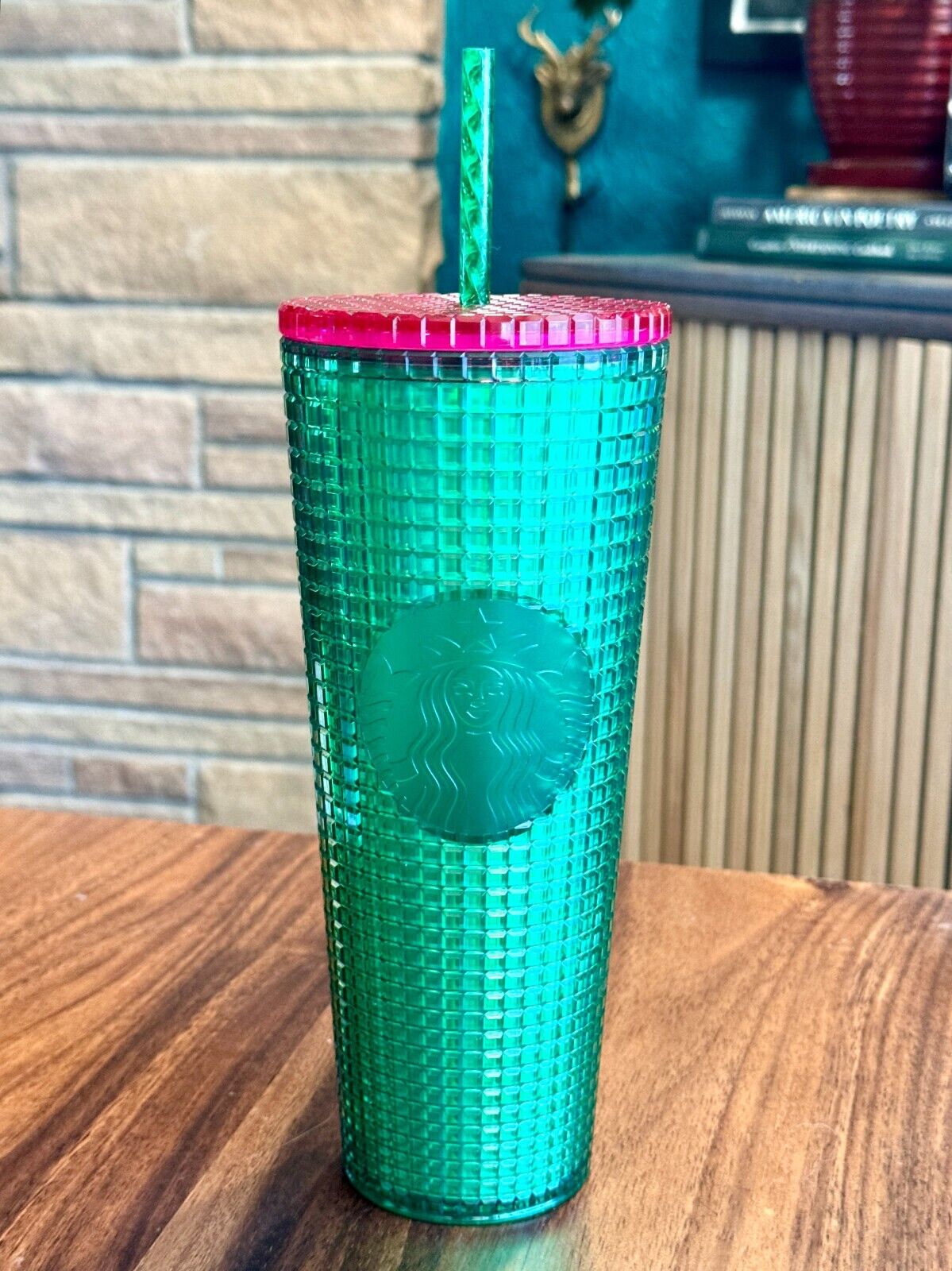 BRAND NEW ~ Starbucks Spring 23' WATERMELON GRID green w PINK lid 24oz tumbler