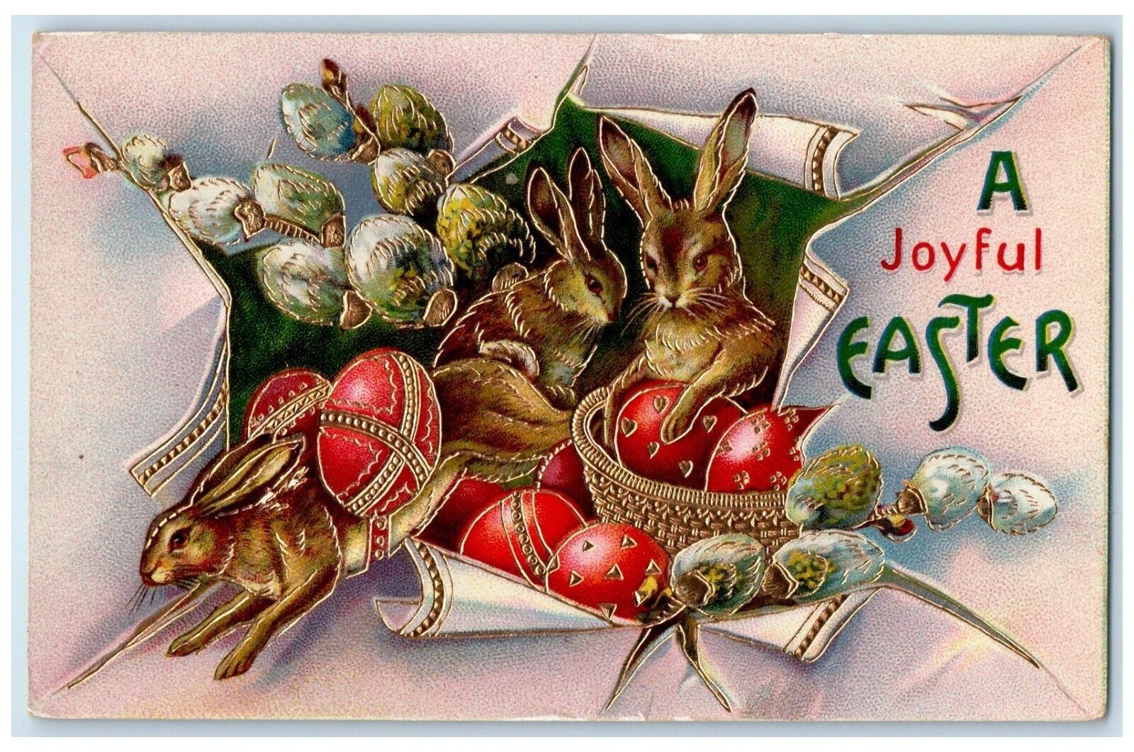 c1910\'s Easter Eggs Rabbit In Basket Pipe Berry Gel Gold Gilt Embossed Postcard