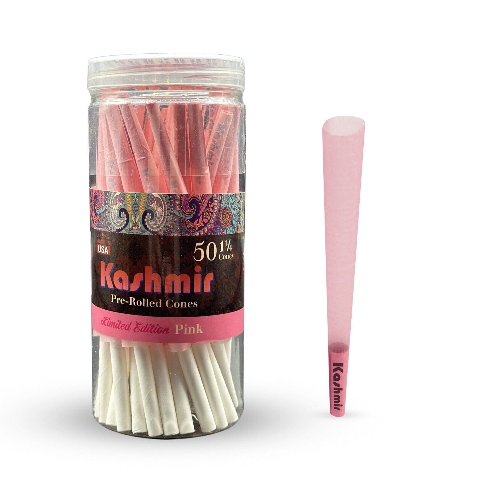 Kashmir Pre Rolled Cones 1 1/4 Pink Natural Rolling Papers 50 Ct in Jar