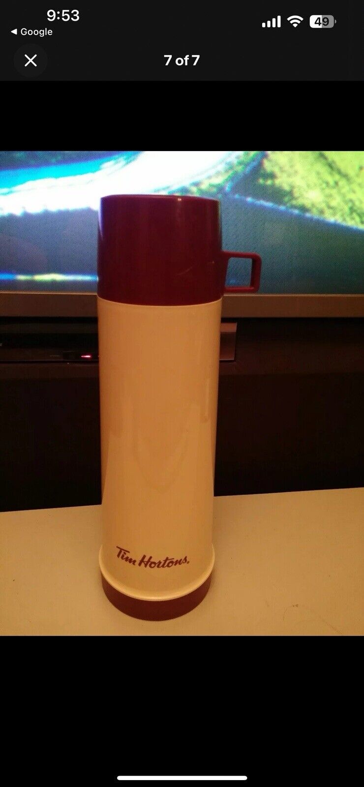 TIM HORTON'S VINTAGE 32 OZ. THERMOS Glass Liner Cream Red Logo 13.5 
