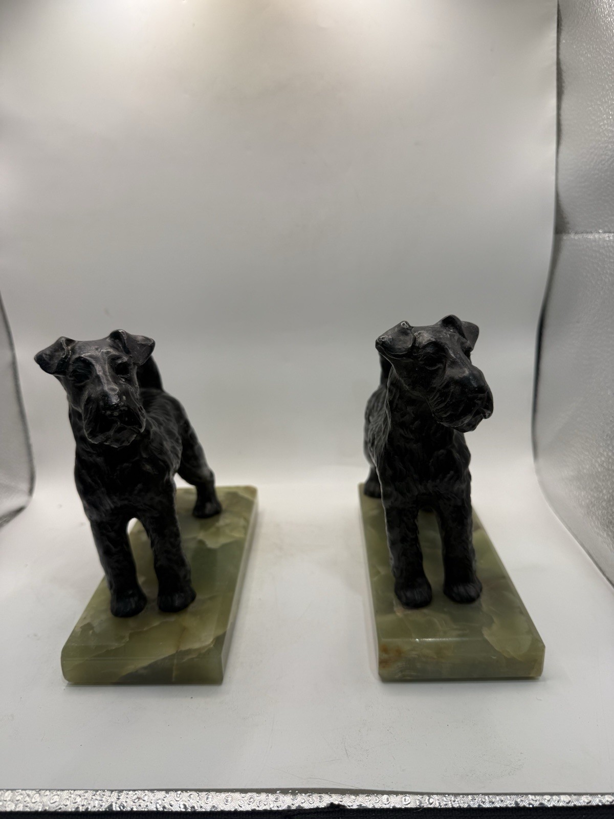 Vintage Art Deco Terrier Dog Bookends Cast Metal Green Onyx Bases 7” Pair * Vintage Art Deco Terrier Dog Bookends Cast Metal Green Onyx Bases 7” Pair *