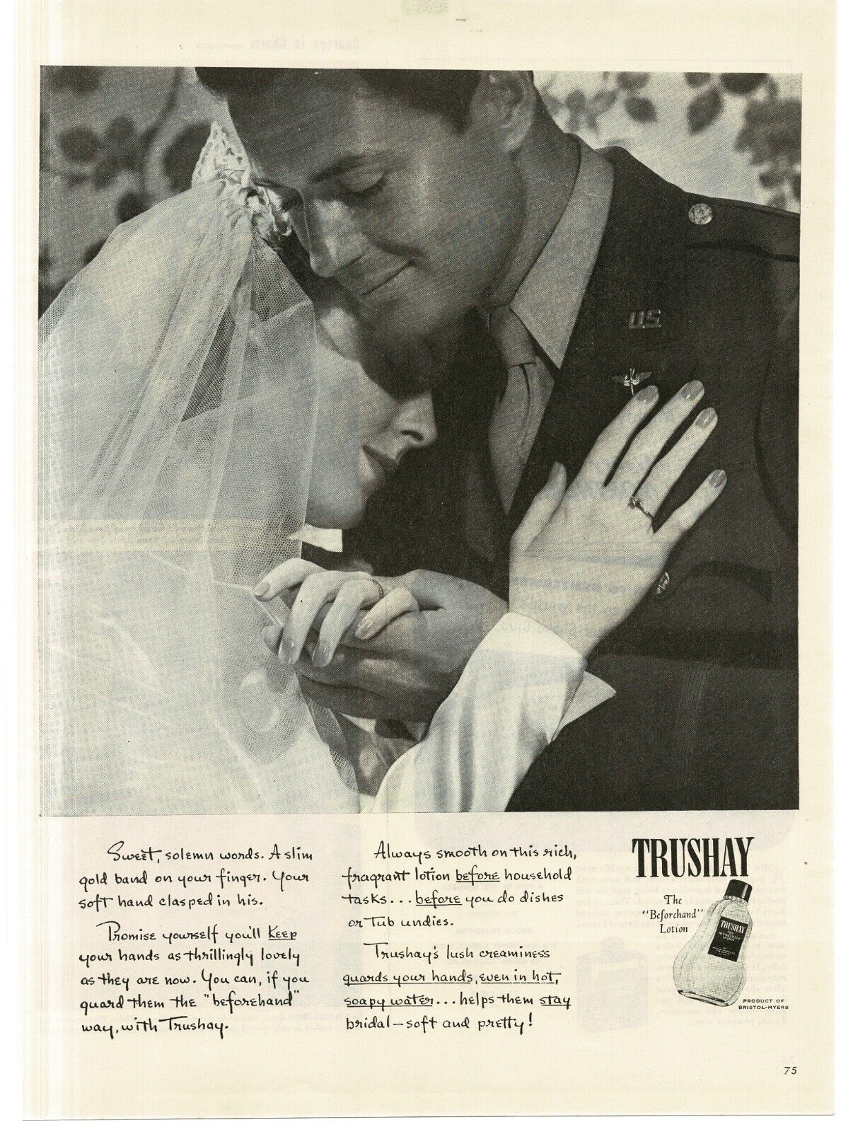 1945 Trushay Hand Lotion Cream US Soldier War Bride Romantic Hug WWII Print Ad