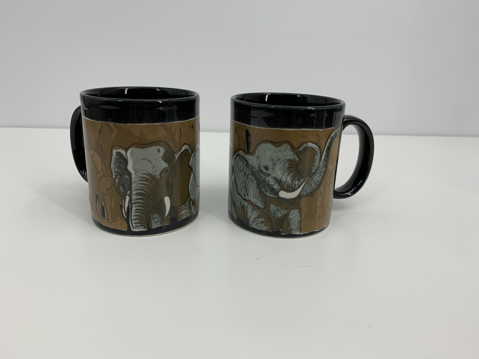 (2) Otagiri Japan Elephant Mug Coffee Tea Cup Black Brown Safari Animals Africa