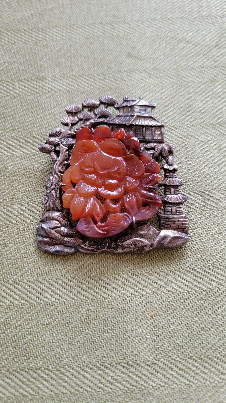 ANTIQUE LATE QING DYNASTY CHINESE EXPORT STERLING SILVER AGATE STONE BROOCH PIN